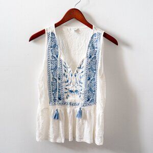 Lucky Brand Sleeveless Top Embroidery Small White Sheer Stretch Tassels